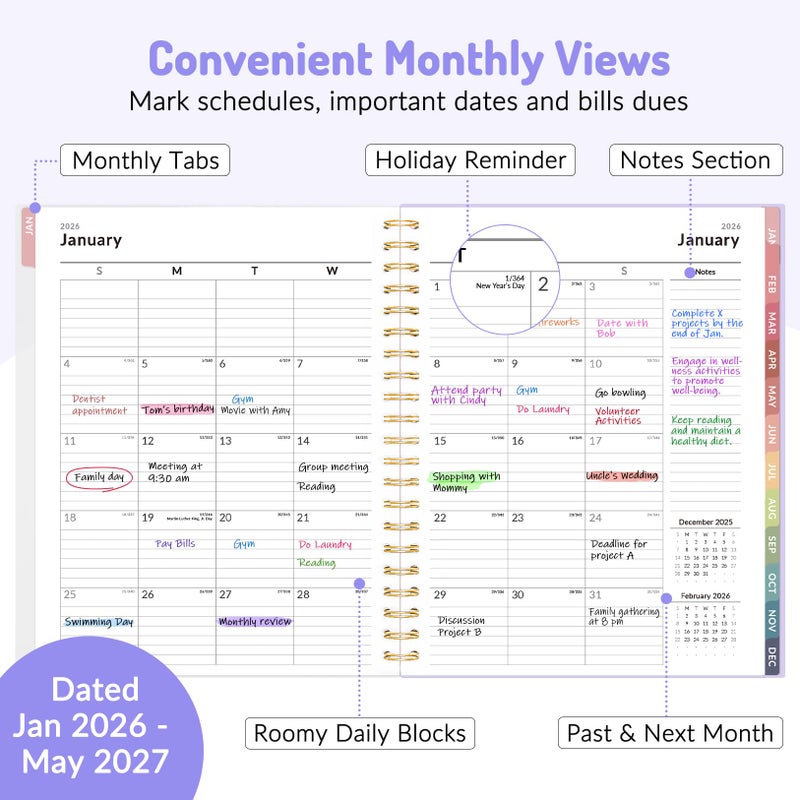Forvencer Planner 2026-2027, 17 Month Weekly and Monthly Calendar Planner, Jan 2026 -May 2027, 8.5"" x 11"", Daily Agenda Book with Tabs, College School Supplies for Student Teacher Home, A4, Pink - Image 3